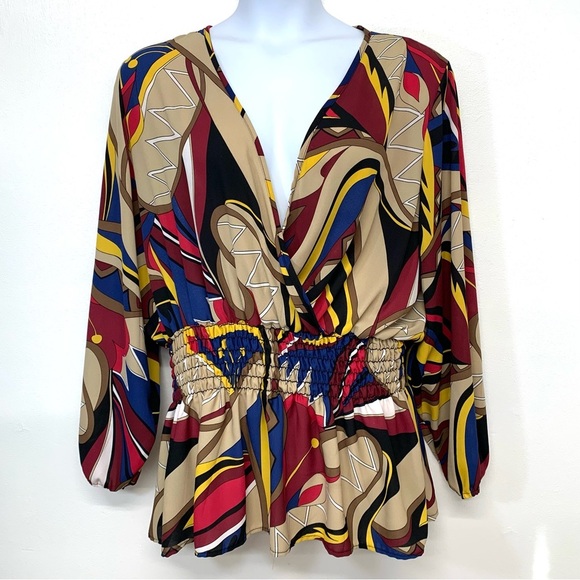 Ashley Stewart Top Woman 18/20  Geometric Colorful Deep V Neck Long Sleeve Smock - Picture 1 of 12